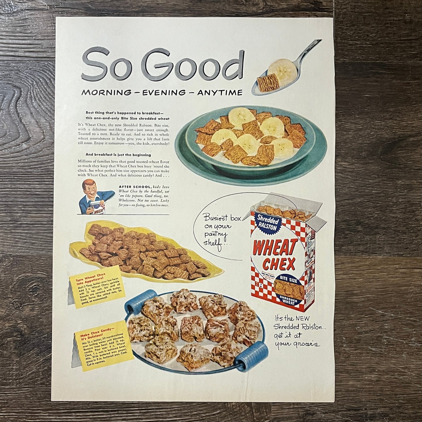 Shredded Ralston Wheat Chex Candy Recipe Vintage Magazine Ad 10x14 V10