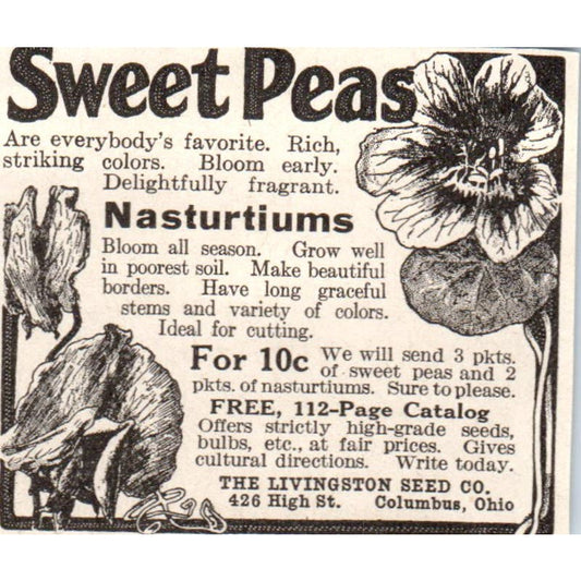 Sweet Peas Nasturtiums Livingston Seed Co Columbus OH 1918 Magazine Ad AF1-SS1