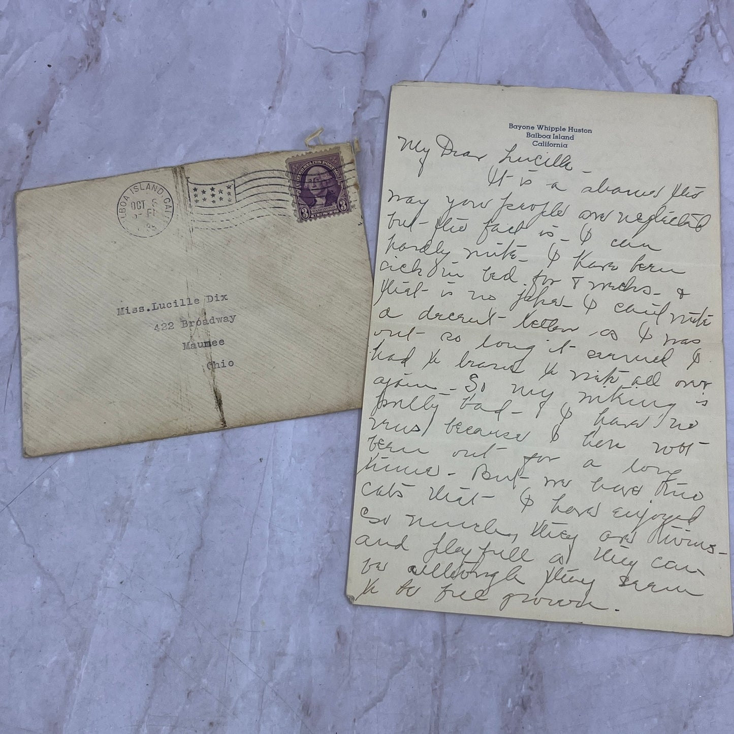 1935 Bayone Whipple Huston Balboa Island CA Letter to Lucille Dix Maune Ai5-PCL