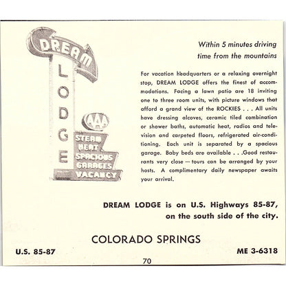 Chief Motel, Dream Lodge Colorado Springs CO 1958 Ad AG1-H2