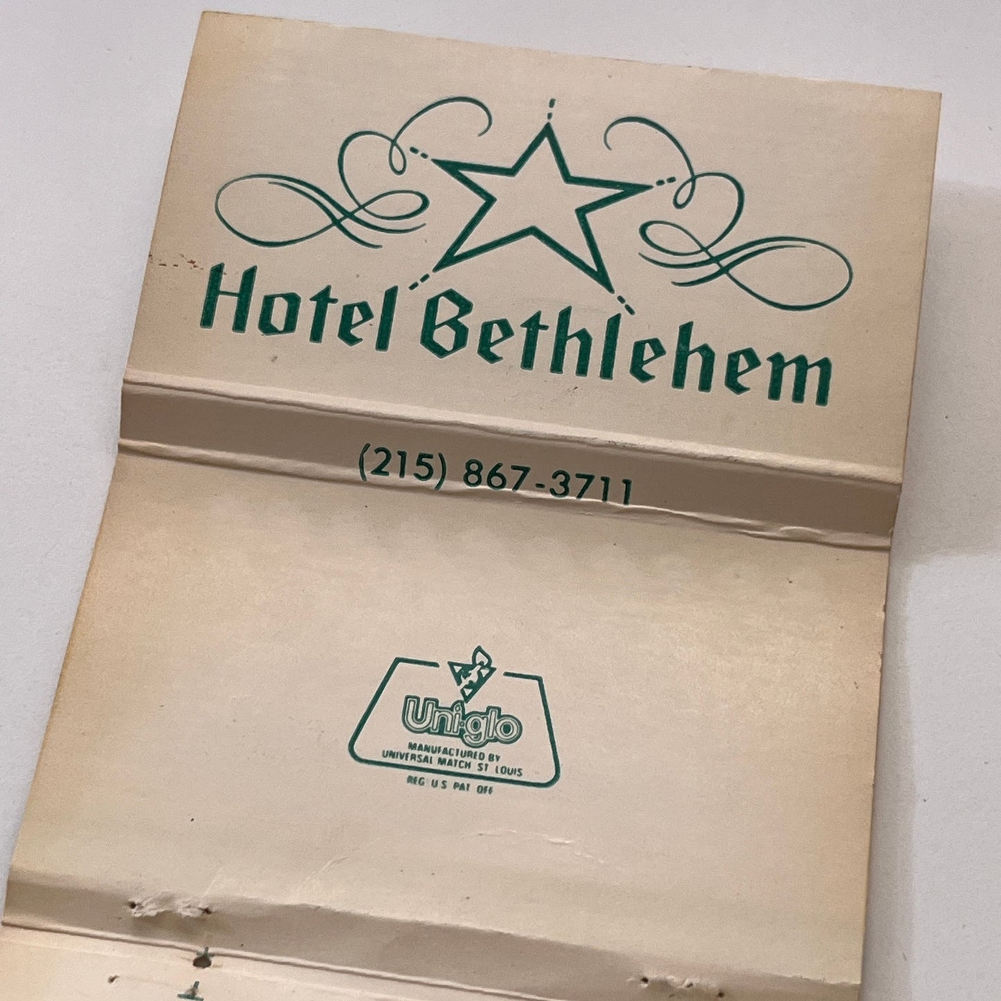 Hotel Bethlehem PA The Christmas City Vintage Matchbook Cover TB6-MB1-11