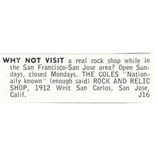 The Coles Rock and Relic Shop San Jose CA 1964 Magazine Ad AB6-LJS3