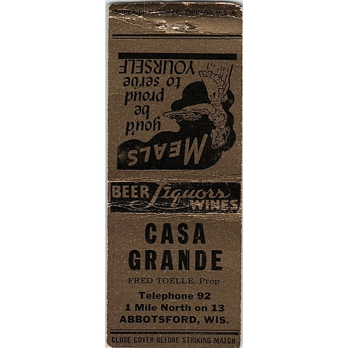 Casa Grande Fred Toelle Abbotsford WI Vintage Matchbook Cover SE5-Y1