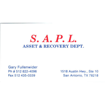S.A.P.L. Asset Recovery Gary Fullenwider San Antonio Vtg Business Card SD8-B19