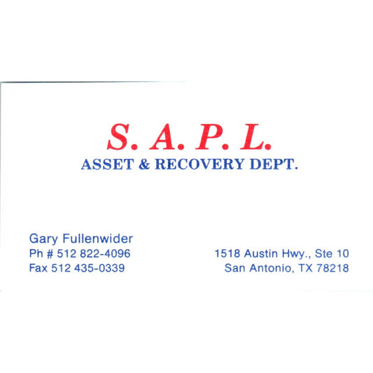 S.A.P.L. Asset Recovery Gary Fullenwider San Antonio Vtg Business Card SD8-B19