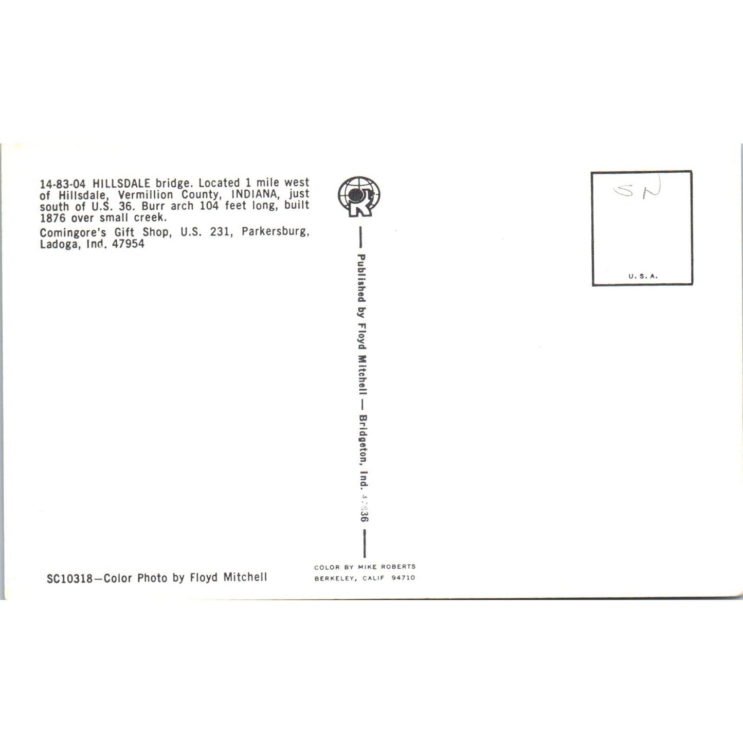 Hillsdale Bridge Vermillion County Indiana Covered Bridge Postcard PC8