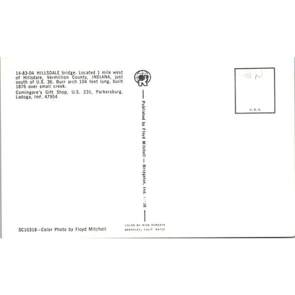 Hillsdale Bridge Vermillion County Indiana Covered Bridge Postcard PC8