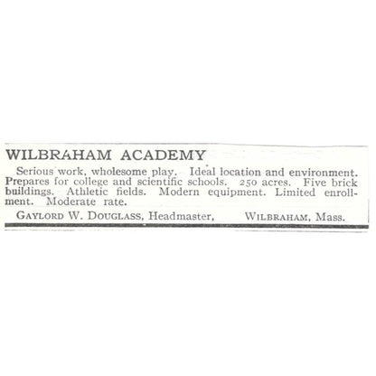 Wilbraham Academy Gaylord W. Douglass MA c1918 Original Advertisement AE5-SV2