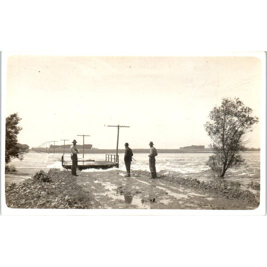 Men Next To Bridge and Flooded Road c1910 RPPC Postcard AB9