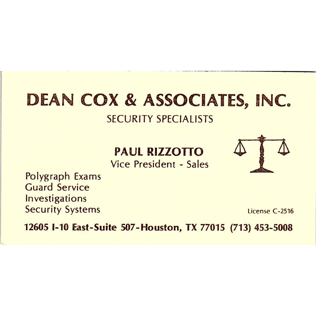 Dean Cox & Associates  Paul Rizzotto Houston Texas Vintage Business Card SB4-B3