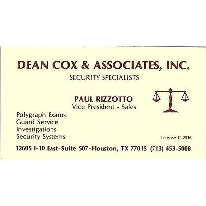 Dean Cox & Associates  Paul Rizzotto Houston Texas Vintage Business Card SB4-B3