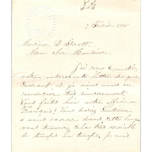 1908 Handwritten French Letter on Ogdensburg City Hospital Asylum Letterhead AE6