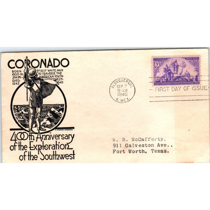 1940 Coronado Southwest Exploration First Day Issue Postal Cover AD8-R2