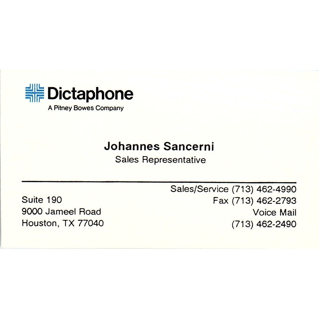 Johannes Sancerni Dictaphone Houston Vintage Business Card SD9-B14