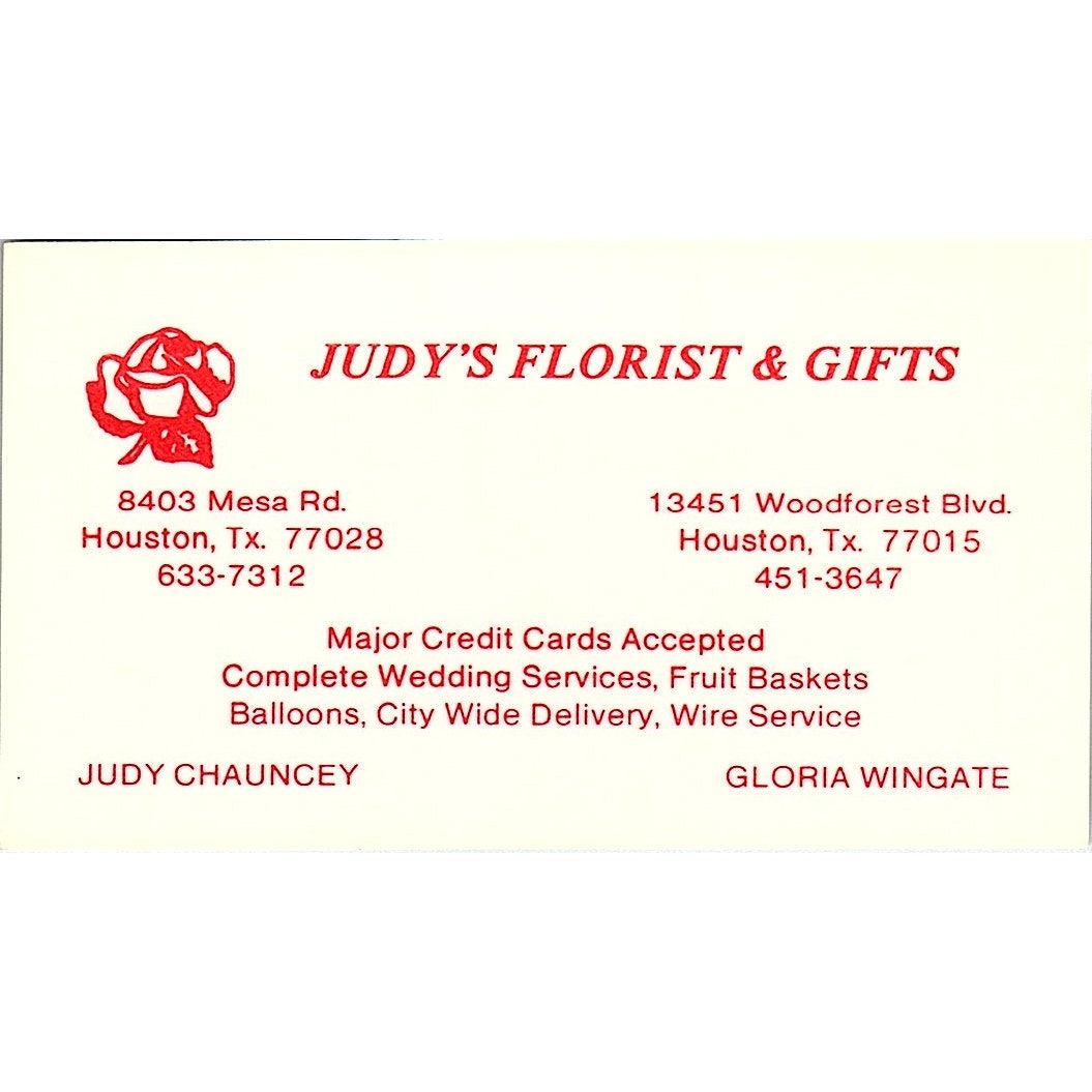 Judy's Florist & Gifts Judy Chauncey Houston, TX Vintage Business Card SF3-B8