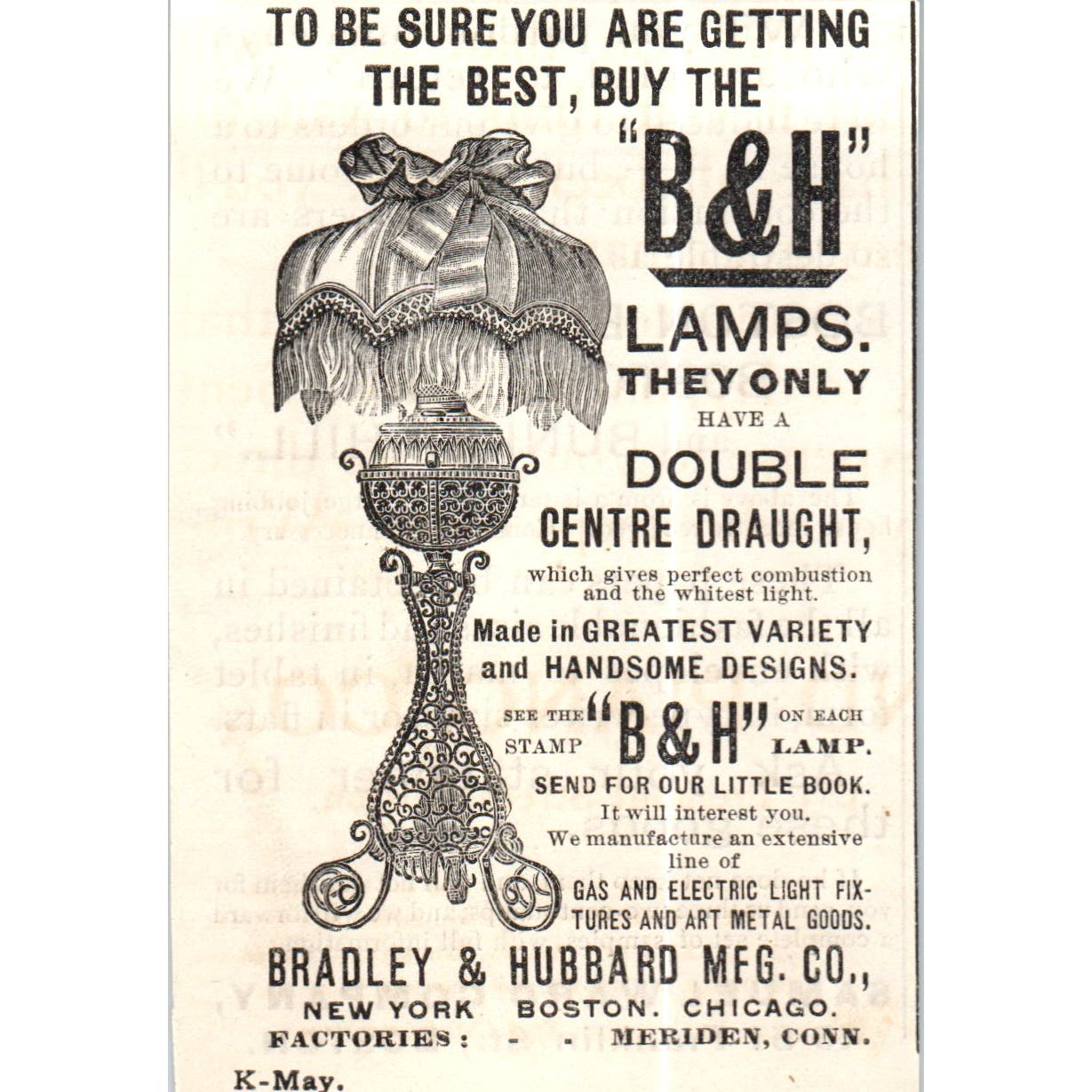 The B&H Lamp Bradley & Hubbard Boston c1890 Victorian Ad AE8-CH6