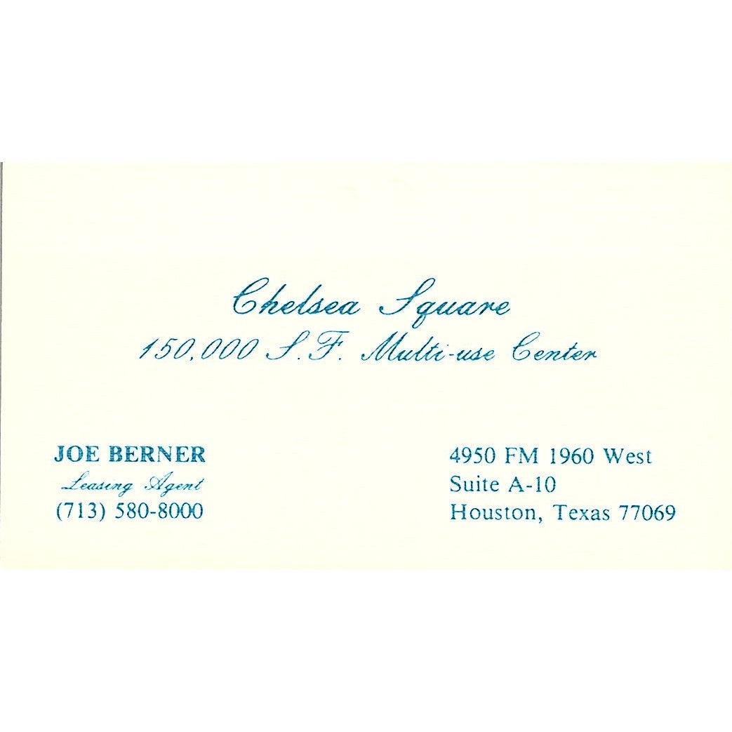 Chelsea Square Joe Berner Houston TX Vintage Business Card SE3-B14