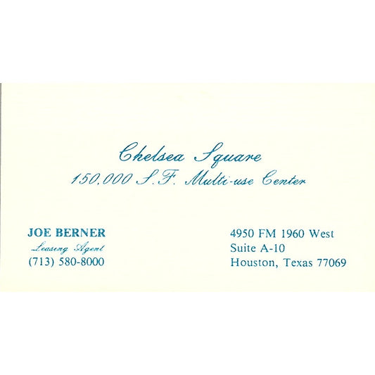 Chelsea Square Joe Berner Houston TX Vintage Business Card SE3-B14