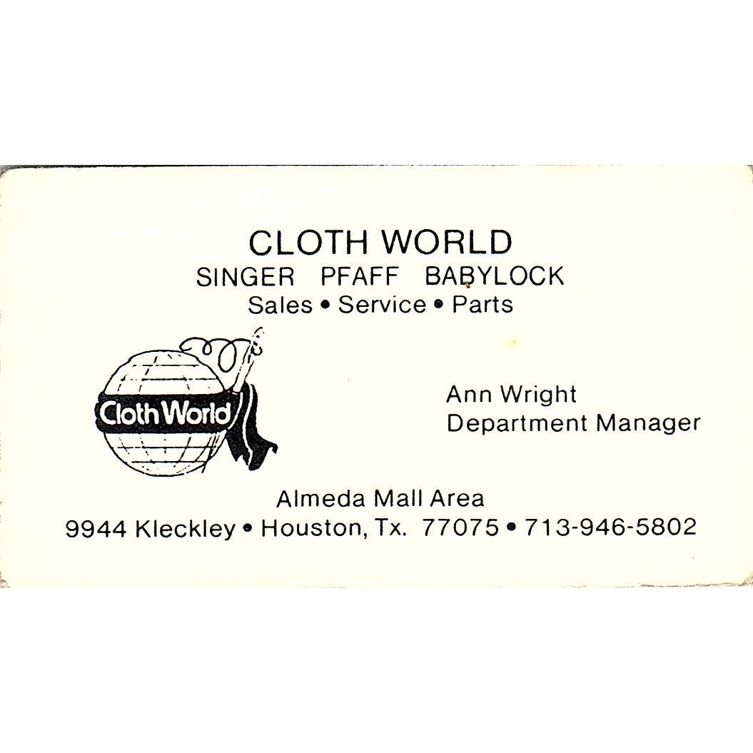 Cloth World Ann Wright Houston TX Vintage Business Card SSB4-B12