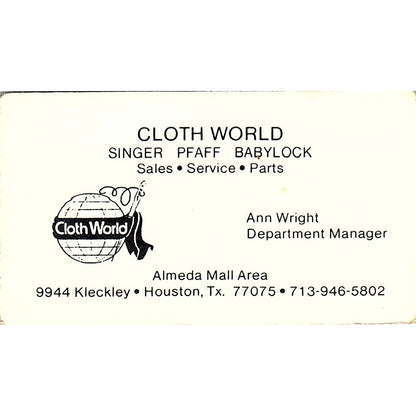 Cloth World Ann Wright Houston TX Vintage Business Card SSB4-B12