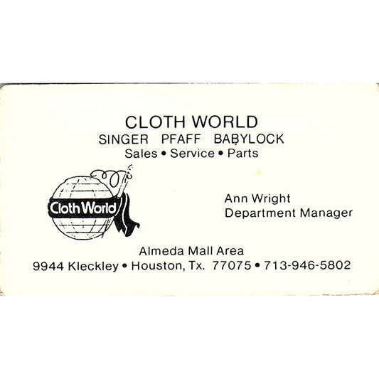 Cloth World Ann Wright Houston TX Vintage Business Card SSB4-B12