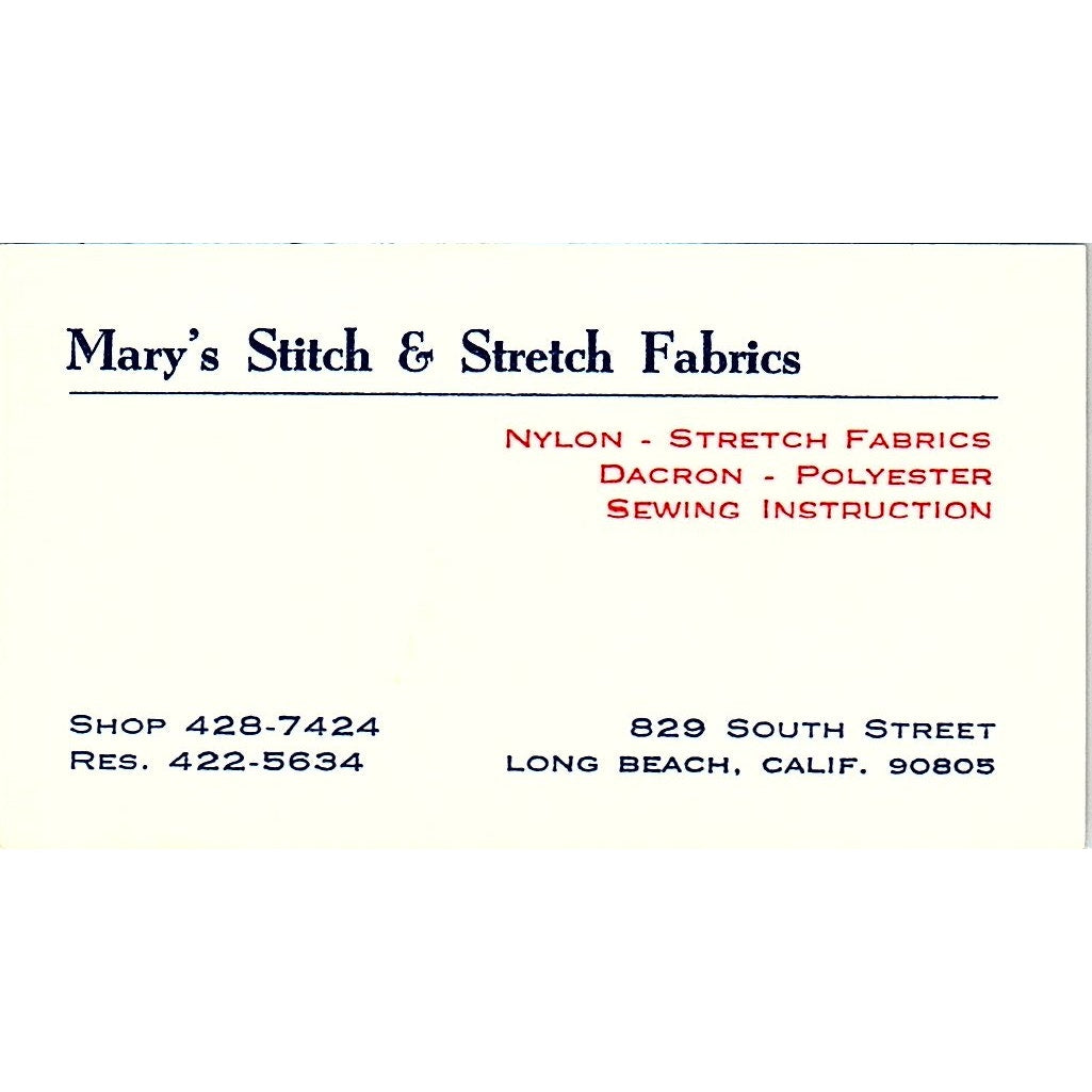 Mary's Stitch & Stretch Fabrics Long Beach CA Vintage Business Card SSB4-B12