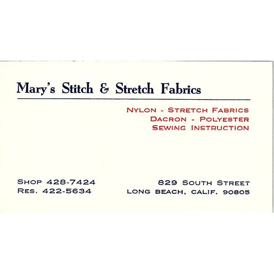 Mary's Stitch & Stretch Fabrics Long Beach CA Vintage Business Card SSB4-B12