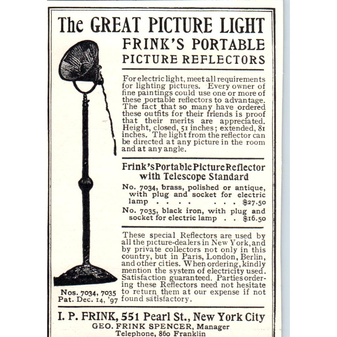 The Great Picture Light I.P. Frink New York c1905 Victorian Ad AE9-MA8