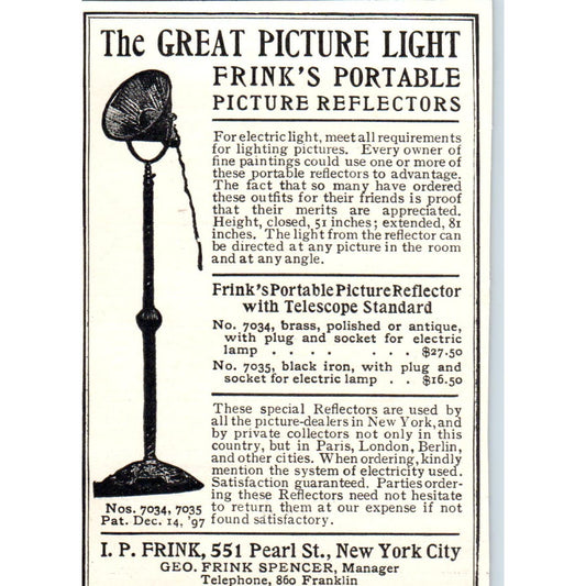 The Great Picture Light I.P. Frink New York c1905 Victorian Ad AE9-MA8