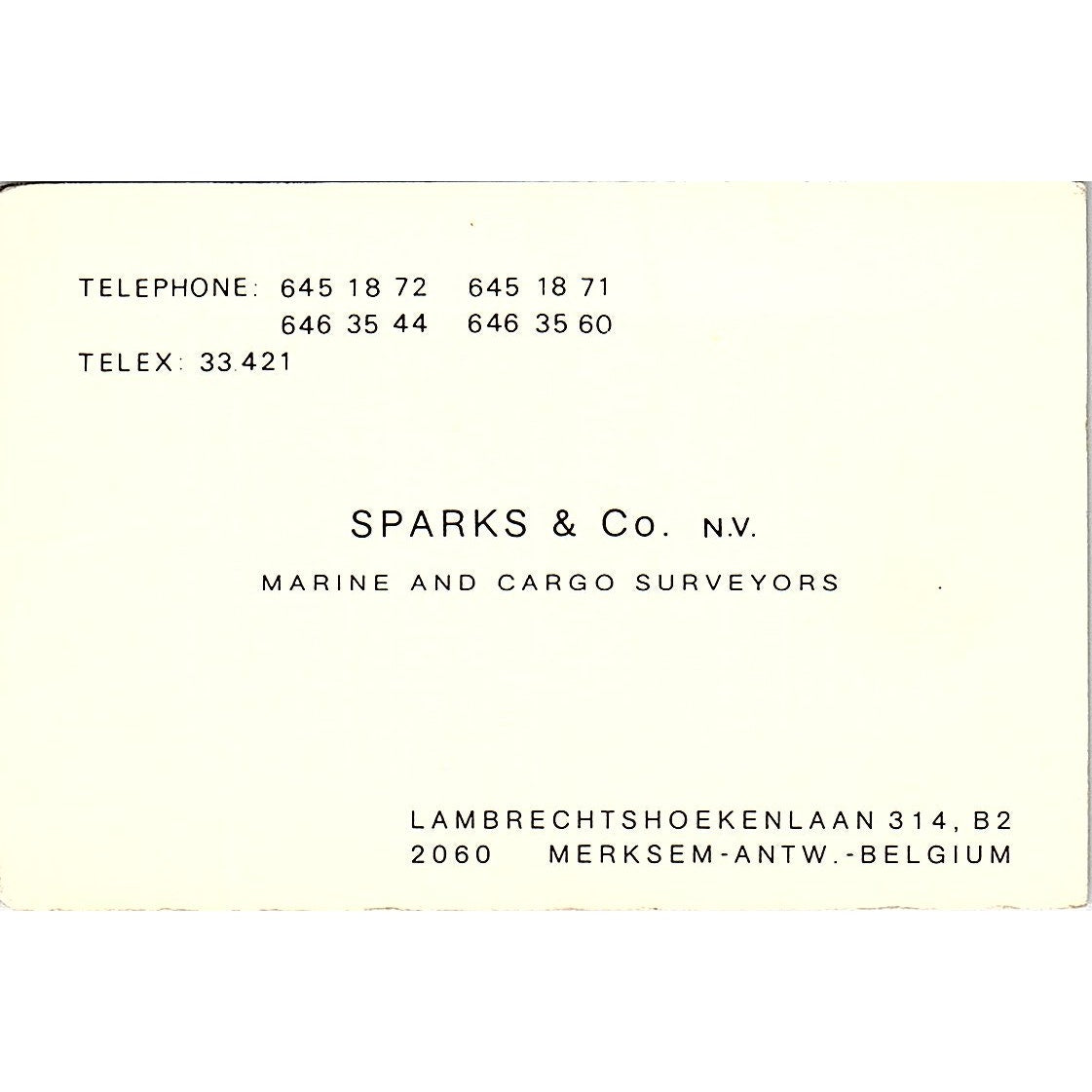 Sparks & Co NV Marine &Cargo Surveyors Merksem-Antw Belgium Business Card TH2-B1