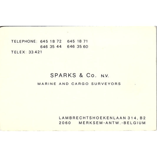 Sparks & Co NV Marine &Cargo Surveyors Merksem-Antw Belgium Business Card TH2-B1
