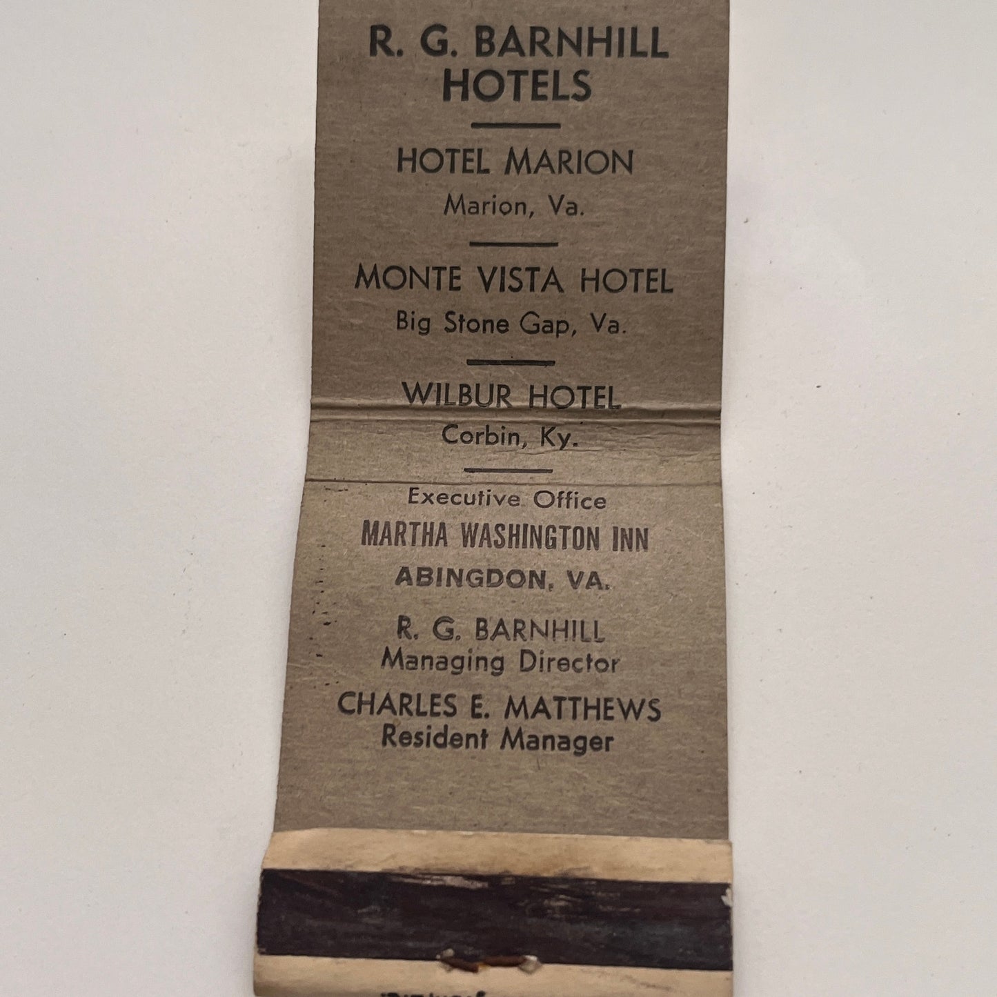 Martha Washington Inn Abingdon VA R.G. Barnhill Vintage Matchbook Cover TB8-MB-6