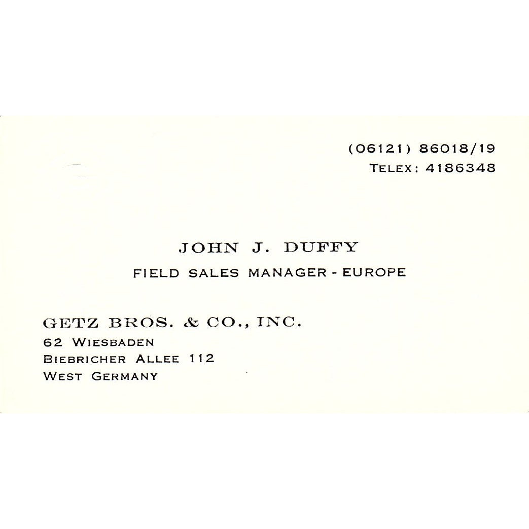 John J Duffy Getz Bros & Co West Germany Vintage Business Card SC9-B6