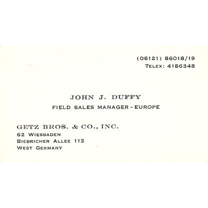 John J Duffy Getz Bros & Co West Germany Vintage Business Card SC9-B6