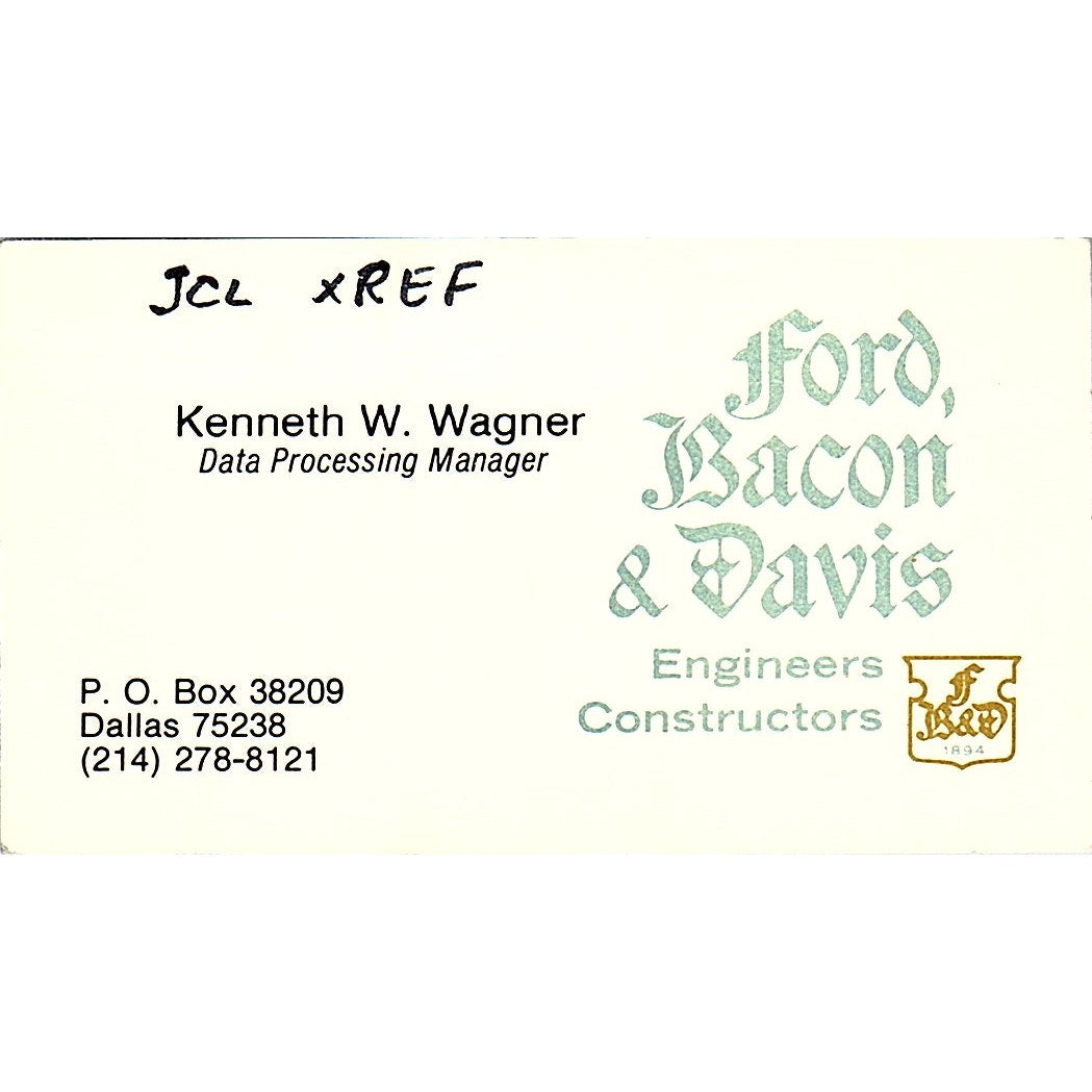 Ford Bacon & Davis Kenneth W. Wagner Dallas TX Vintage Business Card SF3-B5