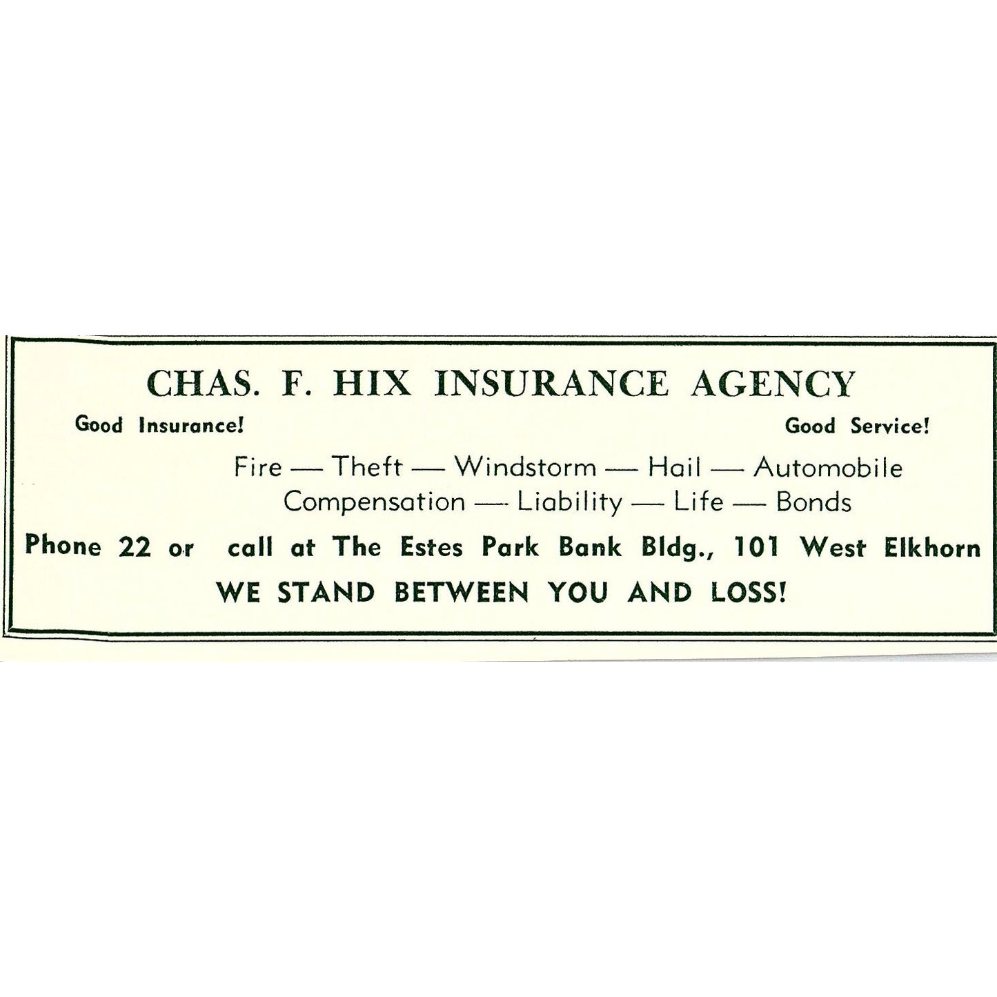 Bert & Rod McConnell's Pharmacy, Chas F Hix Ins 1957 Estes Park CO Ad AG4-M1