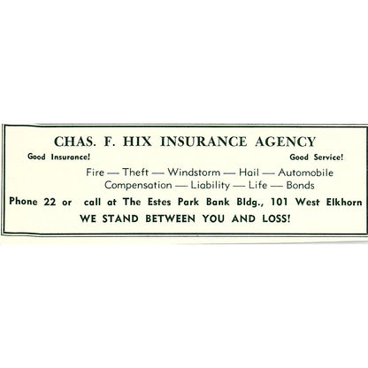 Bert & Rod McConnell's Pharmacy, Chas F Hix Ins 1957 Estes Park CO Ad AG4-M1