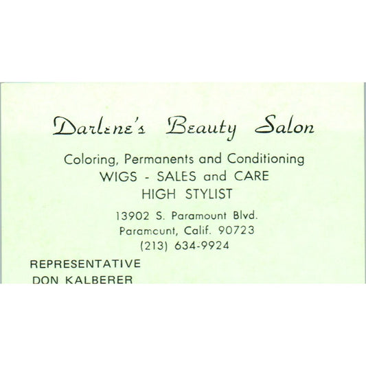 Darlene's Beauty Salon Don Kalberer Paramount CA Vintage Business Card SD8-B10