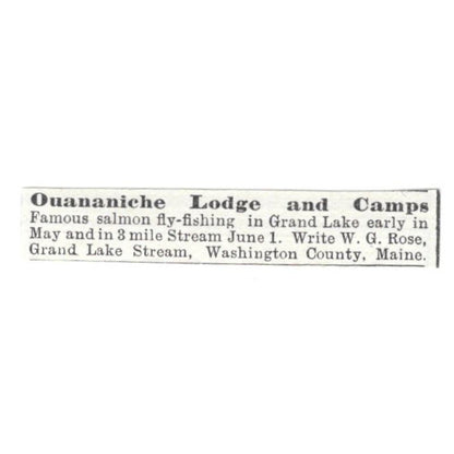 Ouananiche Lodge & Camps W.G. Rose Grand Lake Stream ME c1918 Ad AE5-SV6