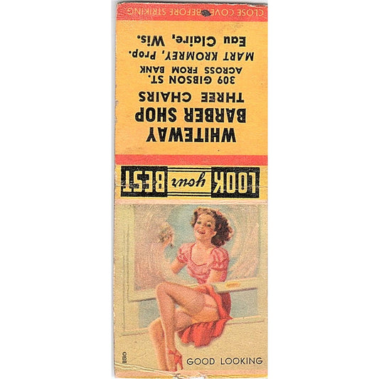 Whiteway Barber Shop Mart Kromrey Eau Claire WI Pinup Vtg Matchbook Cover SC7-Y7