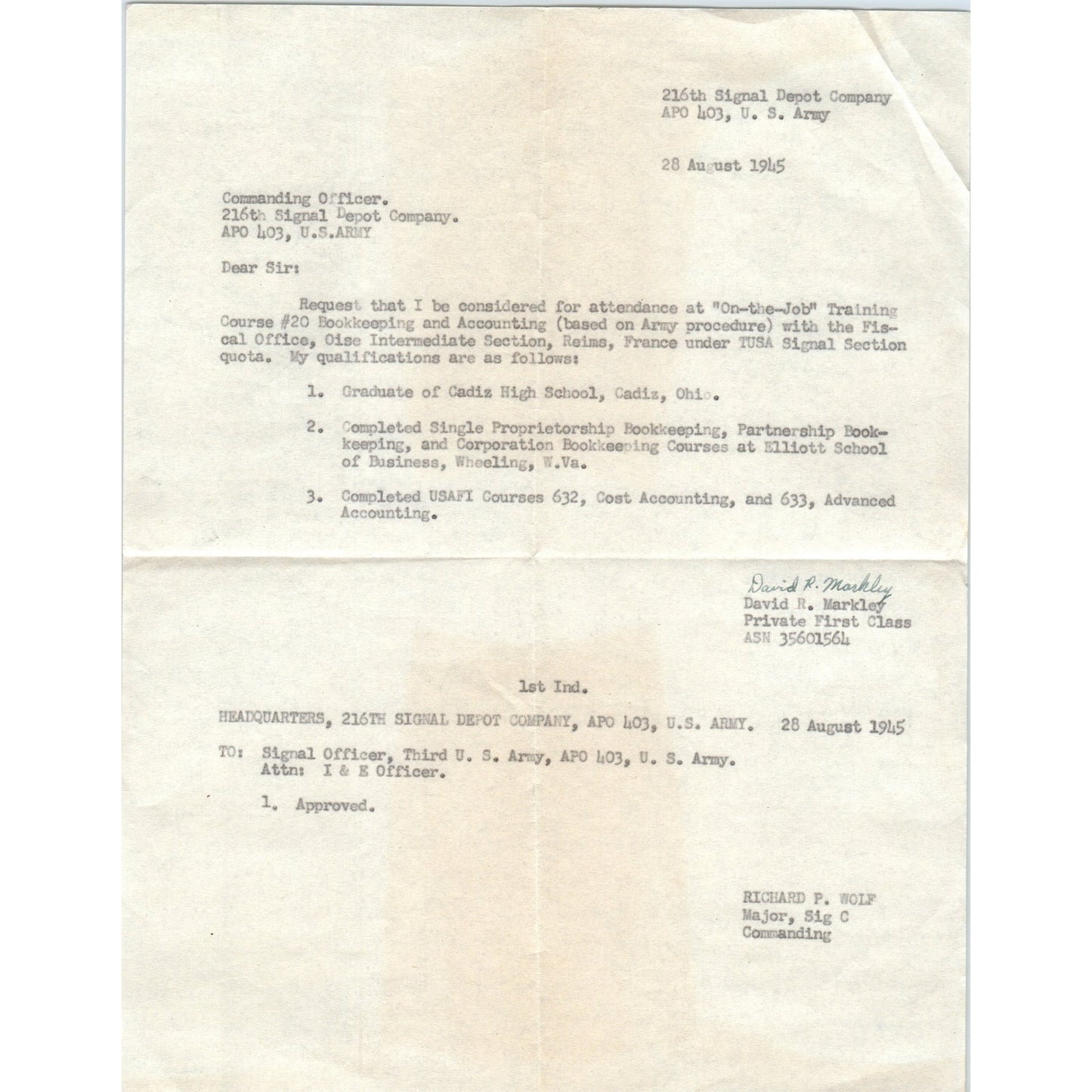 1945 WWII Era Letterhead Memo 216th Signal Depot Co APO 403 David R. Markley D18