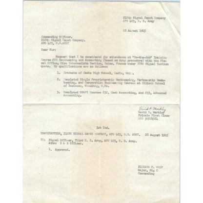 1945 WWII Era Letterhead Memo 216th Signal Depot Co APO 403 David R. Markley D18