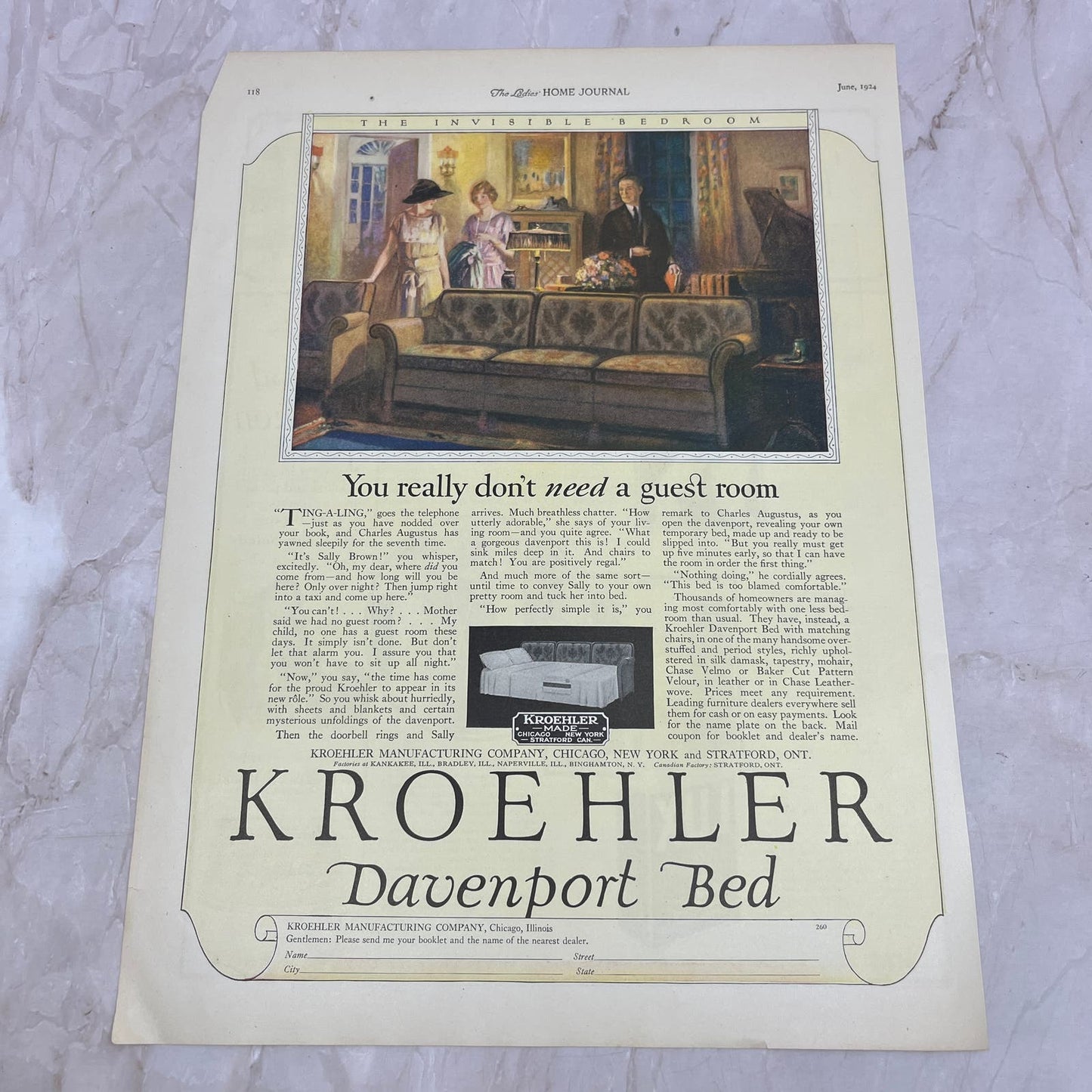 Kroehler Davenport Bed Chicago IL 1924 Magazine Ad FL6-11