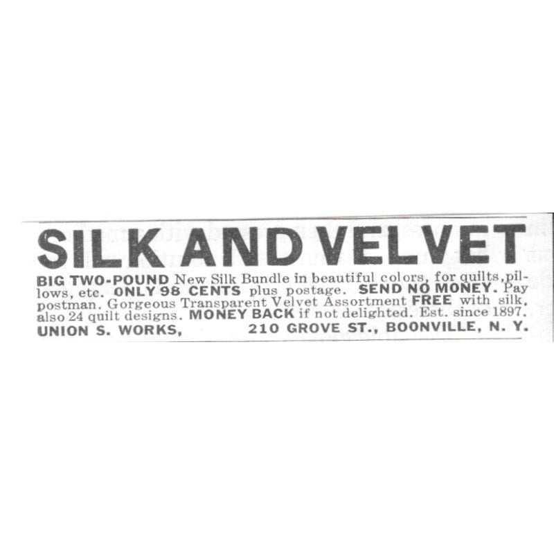 Union S. Works Silk and Velvet Booneville NY 1936 Ad SAG4-S12