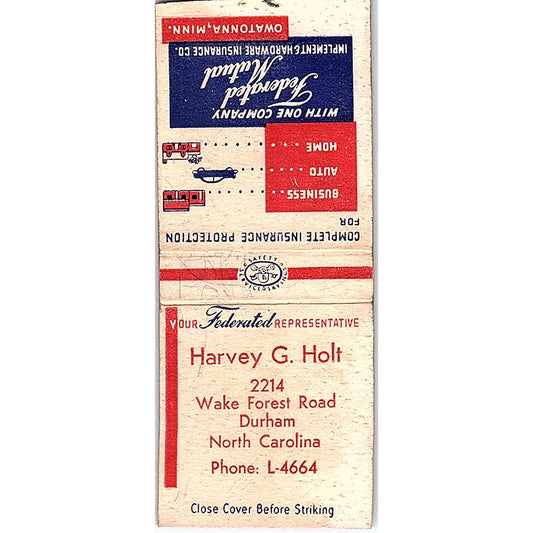 Harvey G. Holt Federated Mutual Rep Durham NC Vintage Matchbook Cover SF3-Y2
