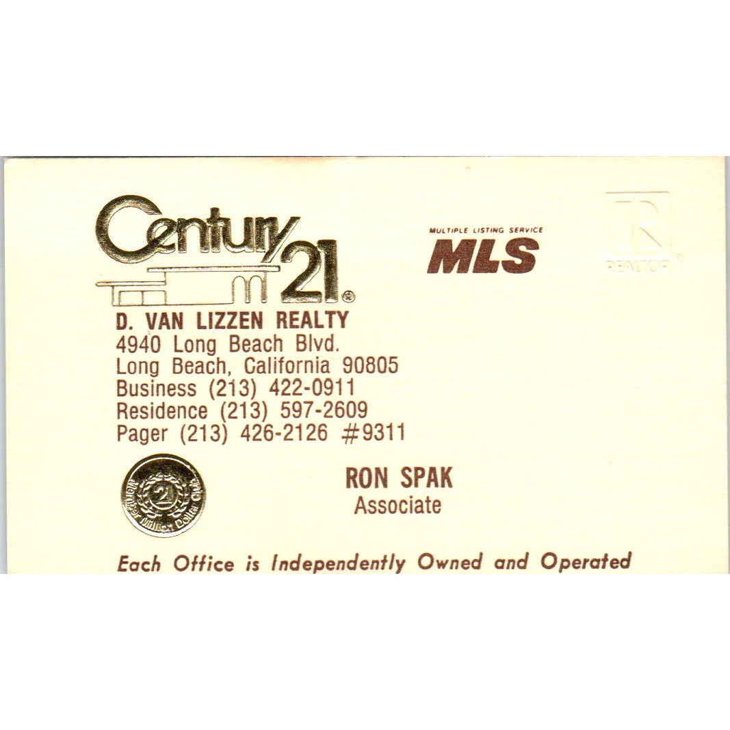 Ron Spak D. Van Lizzen Realty Century 21 Realty Long Beach Business Card SD4-B5