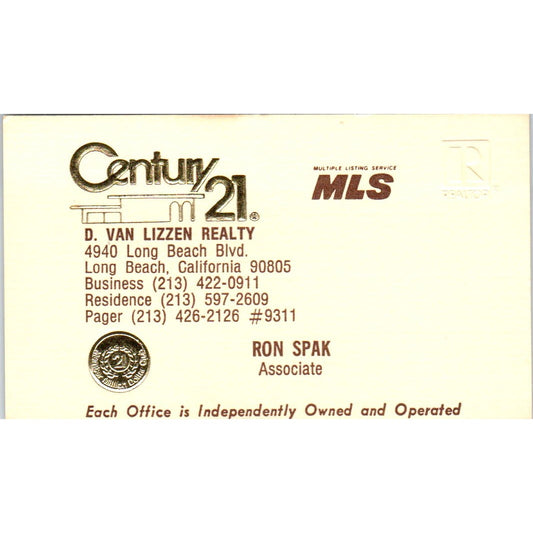 Ron Spak D. Van Lizzen Realty Century 21 Realty Long Beach Business Card SD4-B5