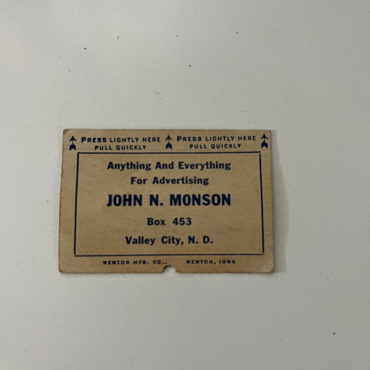 John N. Monson Valley City ND Vintage Matchbook Matchbox Label SC4-R8