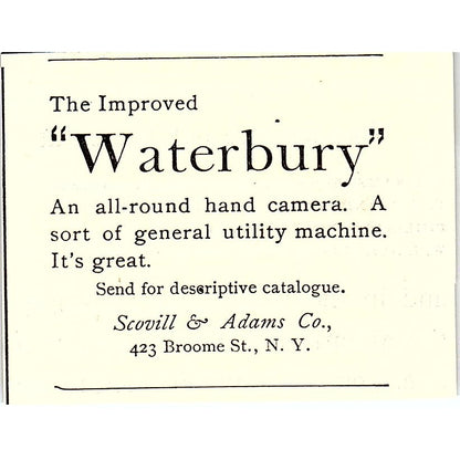 Waterbury Hand Camera Scovill & Adams Co 423 Broome St NY 1892 Ad AG2-S26