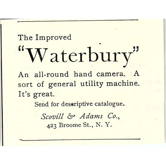 Waterbury Hand Camera Scovill & Adams Co 423 Broome St NY 1892 Ad AG2-S26